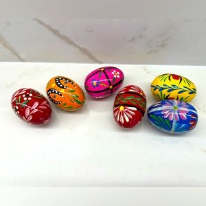Set 6 Hand Painted Wooden Easter Eggs Vibrant Folk Art Spring Decor Multicolour